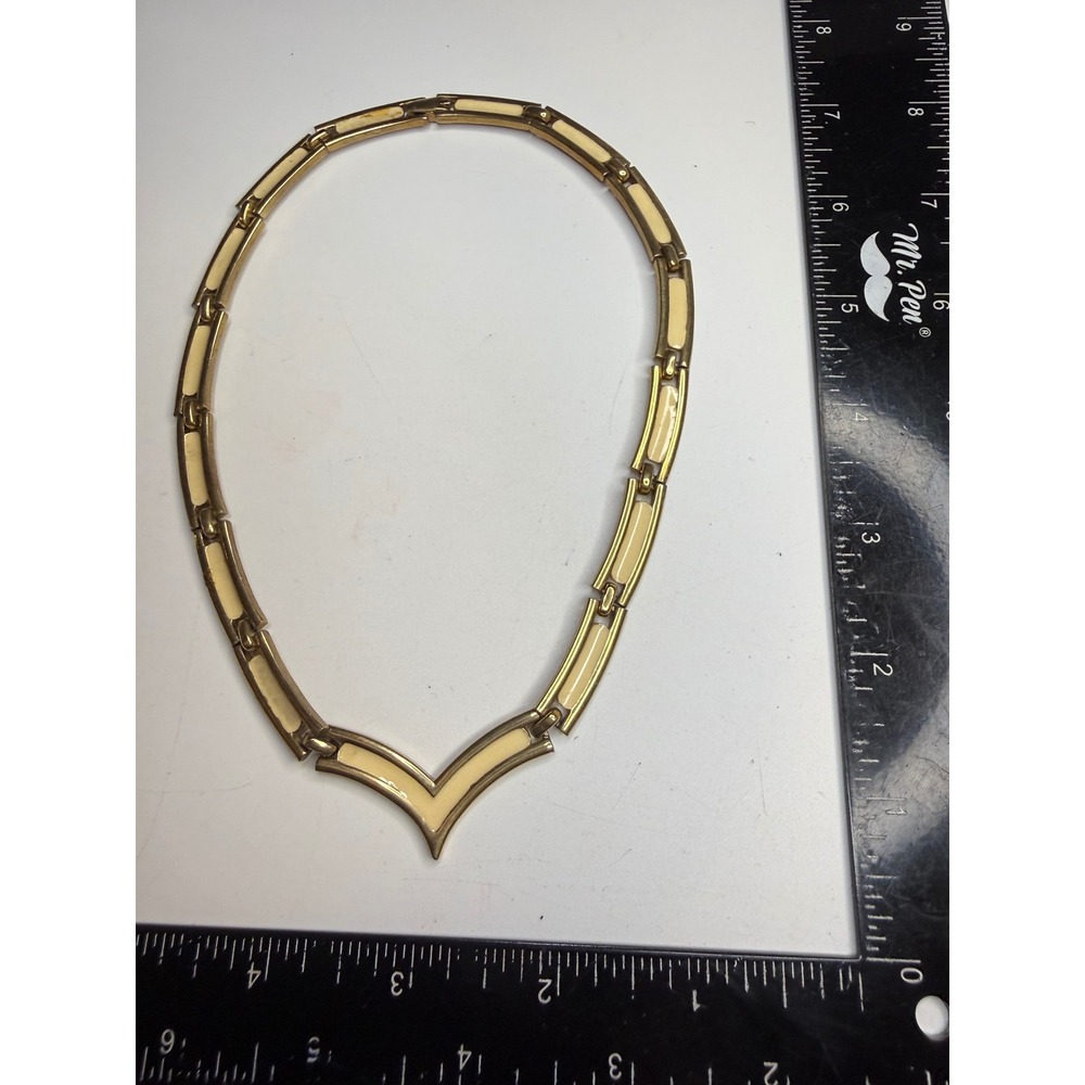 Whiting & Davis Gold Tone Cream Enamel Chevron Link Choker Necklace Vintage
